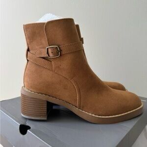 LOFT Tan Suede Ankle Boot with Buckle Strap